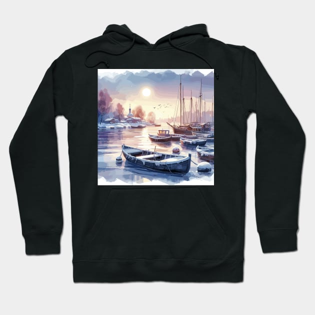 Winter River Boats Hoodie by Siha Arts